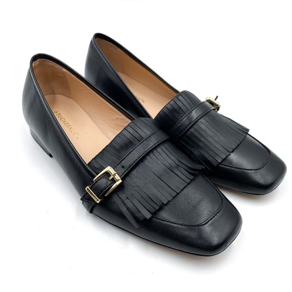 Tuckernuck Loafers Black Leather Kiltie Fringe Buckle Square Toe Slip On Sz 6 - Picture 1 of 9